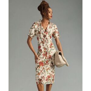 PILCRO for Anthropologie Ruffle-Collar Floral Print Linen Blend Dress Sz 4